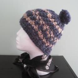 Knit Spiral Pompom Hat, Unisex - tweed purple/rococo (h7)